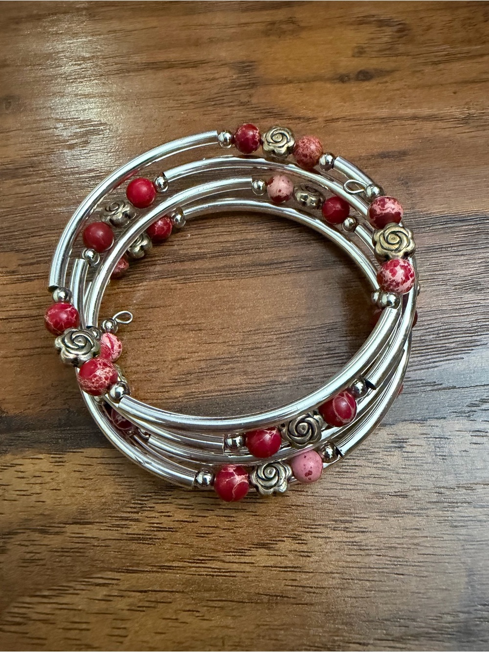 Red Beaded Coil Bracelet with Silver Rose Accents